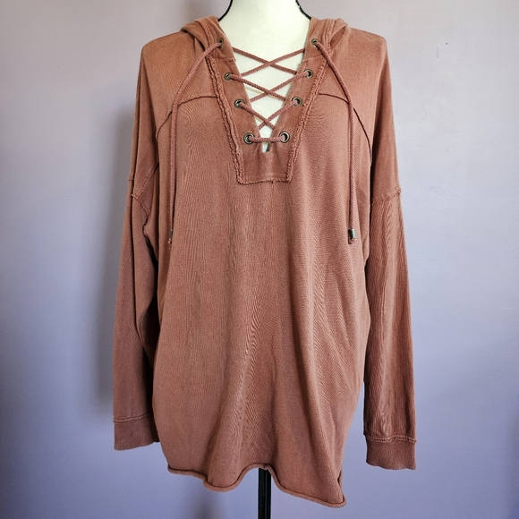 aerie Tops - Lace-Up Hooded Pullover Top - Rust
